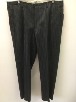Mens, Pants 1890s-1910s, MTO, Black, Lt Gray, Wool, Stripes - Vertical , 40/30, Made To Order, Double Pleats, Button Fly,  Belt Loops, Pockets, 1 Pocket in Waistband, Suspender Buttons