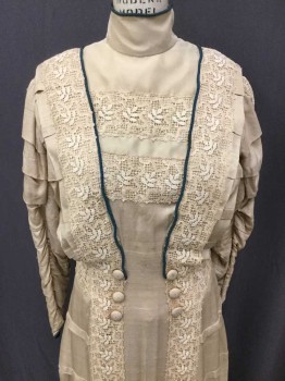 Womens, Dress 1890s-1910s, MTO, Champagne, Teal Blue, Silk, W28, B38, Made To Order, Boning Inside, Raw Silk, Skirt/Sleeves/Bodice Tucks, Cotton Leaf Motif Lace Down Princess Seams/Waist/bodice Yoke/Shoulders, Lace Down Center Front Finishes In Silk Fringe, Button Detail Waist and Sleeves, Dark Teal Cording Detail Around High Neckline/Down Front Bodice/Sleeve Cuffs, Hook & Bars/Snaps Down Center Back,