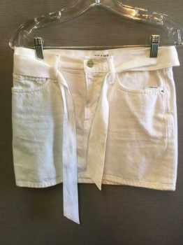 FRAME, White, Cotton, Solid, SKIRT:  White Denim, Jean Style, Flat Front, Zip Front, W/SELF WHITE BELT, See Photo Attached,