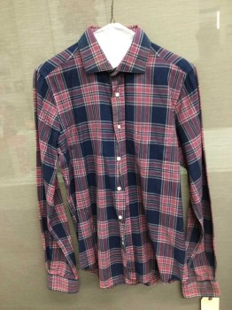 GANT, Navy Blue, Rose Pink, Lt Pink, Cotton, Plaid, Long Sleeves, Collar Attached,  Button Front, 1 Pocket,
