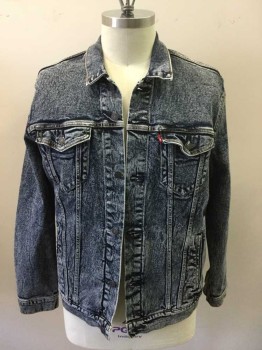 Mens, Jean Jacket, LEVI'S, Blue, White, Cotton, XXL, Stonewashed, Button Front, Long Sleeves, Collar Attached, 4 Pockets, Back Waist Tabs