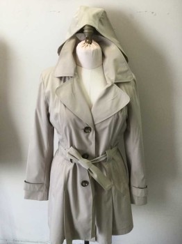 LONDON FOG, Taupe, Polyester, Solid, Detachable Hood, Notched Lapel, Single Breasted, 3 Buttons, Tab & Button On Cuffs, W/ Matching Belt 