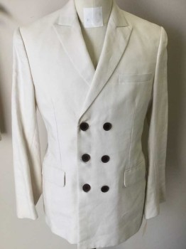 Mens, 1930s Vintage, Suit, Jacket, MTO, Ivory White, Linen, Solid, 39R, Double Breasted, Peaked Lapel, 6 Buttons,