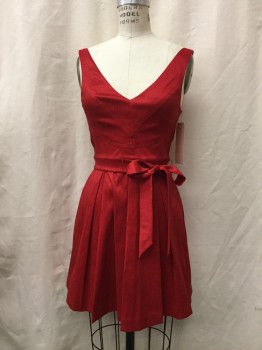 N/L, Red, Polyester, Solid, V-neck, V-back, Sleeveless, Stretch Chantung, Short Pleated Skirt, Matching Tie Belt and Belt Loops,