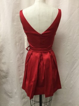 N/L, Red, Polyester, Solid, V-neck, V-back, Sleeveless, Stretch Chantung, Short Pleated Skirt, Matching Tie Belt and Belt Loops,