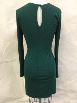 BEBE, Forest Green, Rayon, Viscose, Solid, Round Neck,  Long Sleeves, Key Hole, Twist Knot at Waist with Skirt Drape, Gold Bead Center Front Neck, Button Loop Back Neck