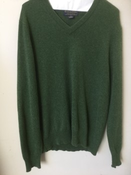 BROOKS BROTHERS, Moss Green, Cashmere, Solid, Heathered, V Neck, Long Sleeve,