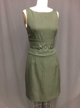 ANTONIO MELANI, Olive Green, Polyester, Herringbone, Heathered, Fitted Sheath. Jewel Neckline, Sleevless. Buckle Detail at Front. Zipper Center Back,