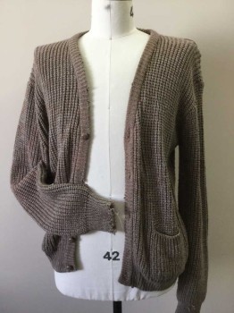 HUDSON, Lt Brown, Gray, Acrylic, Heathered, V. Neck, Chunky Knit, Long Sleeves,. Aged with Shredded Ages and Hole in Right Elbow