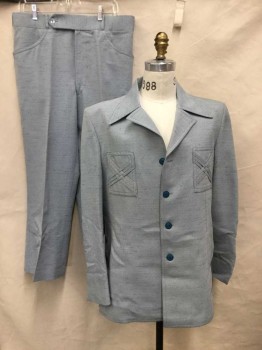 Mens, 1970s Vintage, Suit, Jacket, LE BARON, Lt Blue, White, Polyester, Heathered, 46L, Leisure Suit, 4 Buttons, 2 Pockets W/Self Basketweave Detail, Long Pointed Collar,