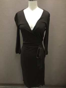 DVF, Espresso Brown, Polyester, Viscose, Solid, Knit, Wrap Dress, Barcode Located on Underside of Wrap