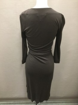 DVF, Espresso Brown, Polyester, Viscose, Solid, Knit, Wrap Dress, Barcode Located on Underside of Wrap
