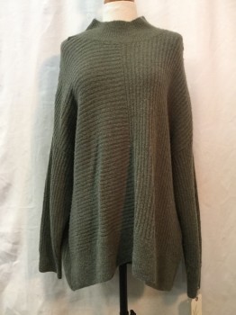 H&M, Olive Green, Acrylic, Alpaca, Solid, Olive Green, Mock Neck, Ribbed
