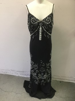ASPEED, Black, White, Polyester, Rayon, Beaded Spaghetti Straps, Bias Cut, Beaded with Seed Beads, Small Bugle Beads, and White Shells, Side Zipper, Tassel at Bust