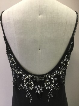 ASPEED, Black, White, Polyester, Rayon, Beaded Spaghetti Straps, Bias Cut, Beaded with Seed Beads, Small Bugle Beads, and White Shells, Side Zipper, Tassel at Bust
