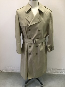 Mens, Coat, Trenchcoat, LONDON FOG, Tan Brown, Polyester, Cotton, Solid, 44R, Double Breasted, Collar Attached, Epaulettes at Shoulders, 2 Pockets, Brown Top Stitching, **With Matching Belt ***MISSING Liner