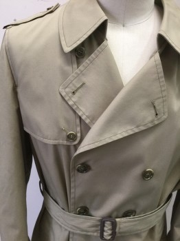 Mens, Coat, Trenchcoat, LONDON FOG, Tan Brown, Polyester, Cotton, Solid, 44R, Double Breasted, Collar Attached, Epaulettes at Shoulders, 2 Pockets, Brown Top Stitching, **With Matching Belt ***MISSING Liner