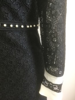 SANDRO, Black, Cream, Polyester, Black Floral Texture Lace, Cream Chiffon Gathered Collar with Self Ties, Cream Accent Cuffs, Long Sleeves, Round Pearl Beads Along Waistline, Above Knee Length, High End/Designer