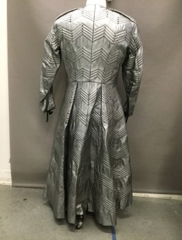 MTO, Pewter Gray, Leather, Metallic/Metal, Solid, Chevron, V-neck, Hook & Eyes Front Closure, Almost Floor Length, Long Sleeves, with Elastic Finger Stirrups, Shoulder Pads, Stitched and Pleated Epaulets, Horizontal  Zigzag Quilting and Metal Studs, Polyester Satin Lining, Soldiers, Guards, Ottoman, Multiple