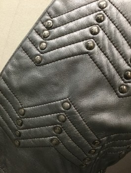 Mens, Coat, MTO, Pewter Gray, Leather, Metallic/Metal, Solid, Chevron, C40, V-neck, Hook & Eyes Front Closure, Almost Floor Length, Long Sleeves, with Elastic Finger Stirrups, Shoulder Pads, Stitched and Pleated Epaulets, Horizontal  Zigzag Quilting and Metal Studs, Polyester Satin Lining, Soldiers, Guards, Ottoman, Multiple