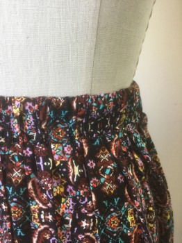 LUSH, Black, Multi-color, Lavender Purple, Turquoise Blue, Brown, Rayon, Abstract , Black with Multicolor (Lavender/Turquoise/Yellow/Brown/White/Red) Busy Pattern, 1" Wide Self Waistband, Elastic Waist in Back, Black Buttons Down Center Front, Flared Shape