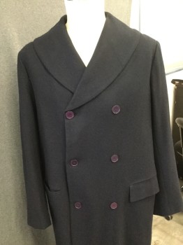 Mens, Coat 1890s-1910s, MTO, Navy Blue, Wool, Solid, 48, Shawl Collar, Double Breasted, 2 Pockets with Flaps, Slit Center Back,