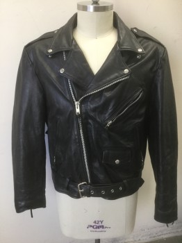 WILSON'S, Black, Leather, Solid, Motorcycle Jacket, Zip Front, Silver Zippers/Studs, 3 Zip Pockets + 1 Flap Pocket with Silver Snap Closure, Epaulettes at Shoulders, Notched Collar with Silver Stud at Each Tip, Leather Laces at Sides, Self Belt with Silver Buckle Attached at Waist