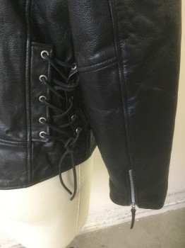 WILSON'S, Black, Leather, Solid, Motorcycle Jacket, Zip Front, Silver Zippers/Studs, 3 Zip Pockets + 1 Flap Pocket with Silver Snap Closure, Epaulettes at Shoulders, Notched Collar with Silver Stud at Each Tip, Leather Laces at Sides, Self Belt with Silver Buckle Attached at Waist
