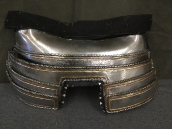 Mens, Historical Fiction Armor, MTO, Silver, Navy Blue, Rubber, Leather, SUIT of ARMOR: Culet: Silver Rubber Aged to Look Like Metal, Molded Frame,  Leather Trim with Silver Triangle Metal Detail,  Gold Embossed Detail, Tiered Plates, Velcro for Attaching to Back Breastplate, Square Tailbone Cut Out