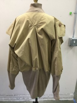 Unisex, Sci-Fi/Fantasy Jacket, WORLDS END , Khaki Brown, Orange, Nylon, Solid, S/M, Tan Ribbed Knit Collar and Bottom Half of Jacket and Sleeves,  Zip Front, Upper Half Button Front, Large Pocket Flaps at Shoulders, Patch Pockets at Chest, Bright Orange Lining