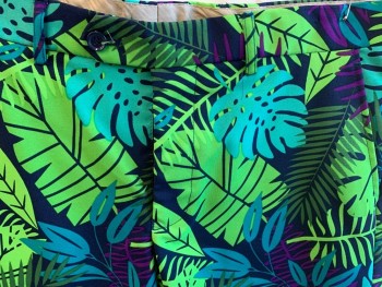 OPPO SUITS, Multi-color, Navy Blue, Lime Green, Turquoise Blue, Purple, Polyester, Tropical , Bright Tropical Pattern - Navy with Lime, Turquoise, Purple, Aqua, Green Tropical Palm Fronds, Shorts, Zip Fly, Button Tab Closure, 4 Pockets, Belt Loops