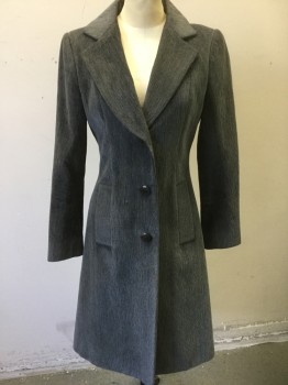 Womens, Coat, N/L, Gray, Cotton, Polyester, Solid, B 34, S, Heavy Upholstery Weight Velveteen, Single Breasted, 3 Large Brown Buttons with Embossed Detail, Notched Lapel, Below Knee Length, Padded Shoulders, 2 Pockets, Self Belted Detail at Center Back Waist with Pleated Panel to Hem,