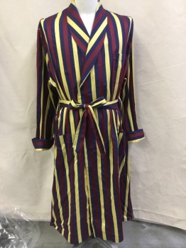 BARNEY'S NEW YORK, Navy Blue, Wine Red, Gold, Cotton, Polyester, Stripes - Vertical , Shawl Lapel, Open Front, 3 Pocket,  Long Sleeves with Cuff ,  with SELF BELT