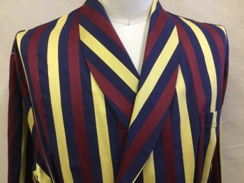 BARNEY'S NEW YORK, Navy Blue, Wine Red, Gold, Cotton, Polyester, Stripes - Vertical , Shawl Lapel, Open Front, 3 Pocket,  Long Sleeves with Cuff ,  with SELF BELT