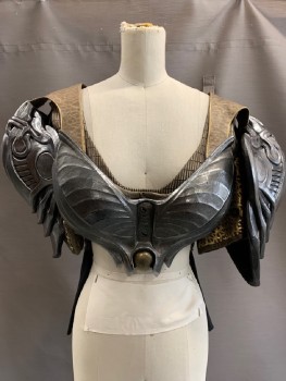 MTO, Gold, Bronze Metallic, Black, Brown, Poly/Cotton, Leather, Color Blocking, Geometric, 4 Pc. Layered Bra Top with Attached S/S, Velcro Back Closure With Tuck In Back Peplum, Detachable Breast, Back & Shoulder Pieces,