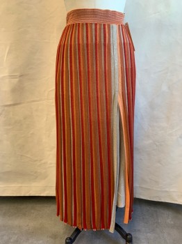 ZARA, Red, Brown, Orange, Gold, Viscose, Polyester, Stripes - Vertical , Knit, Front Left Split