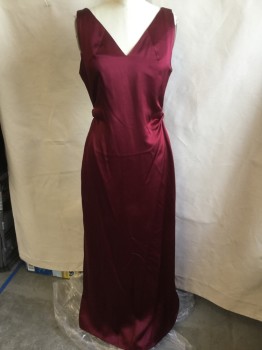 N/L, Maroon Red, Purple, Black, Silk, Solid, Color Blocking, Maroon with Black Lining, V-neck, Sleeveless, Gathered at Waist Side, Deep V-back with 8 Purple Cover Buttons , 3 Chevron Pleat Waist Back and Insert Triangle Purple Long Skirt