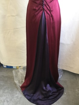 N/L, Maroon Red, Purple, Black, Silk, Solid, Color Blocking, Maroon with Black Lining, V-neck, Sleeveless, Gathered at Waist Side, Deep V-back with 8 Purple Cover Buttons , 3 Chevron Pleat Waist Back and Insert Triangle Purple Long Skirt