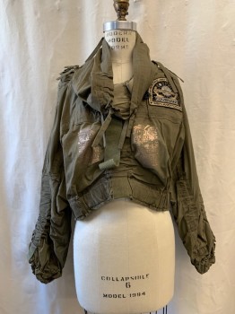 Womens, Sci-Fi/Fantasy Jacket, MTO, Olive Green, Synthetic, Solid, S/M, Drawstring Cowl,  Crop, Elastic Waistband , Dolman Long Sleeves, Ruched Drawstring Gathered Sleeves, Gold Motherboard Graphic Front and Back, Weyland-Yutani Patch on Front