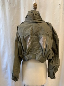 MTO, Olive Green, Synthetic, Solid, Drawstring Cowl,  Crop, Elastic Waistband , Dolman Long Sleeves, Ruched Drawstring Gathered Sleeves, Gold Motherboard Graphic Front and Back, Weyland-Yutani Patch on Front