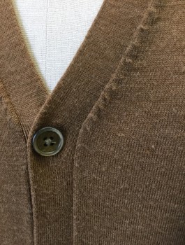 BROOKS BROTHERS, Caramel Brown, Wool, Solid, Knit, 5 Button Front, V-neck, 2 Patch Pockets