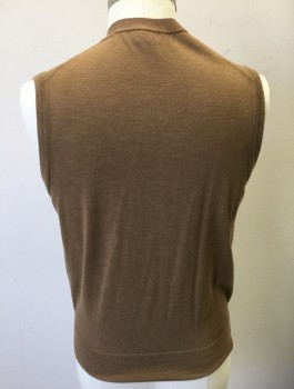 BROOKS BROTHERS, Caramel Brown, Wool, Solid, Knit, 5 Button Front, V-neck, 2 Patch Pockets