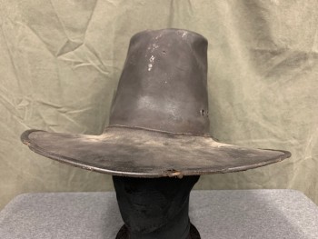 Mens, Historical Fiction Hat , N/L, Black, Leather, Solid, 7, Flat Tall Angled Crown, Flat Wide Brim, Aged/Distressed,  Sticky in Places, Pilgrim, 1600's