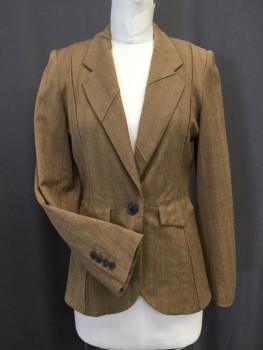 YIGAL AZROUEL, Caramel Brown, Brown, Lt Gray, Wool, Silk, Stripes, Novelty Broken Stripe Weave Pattern Wool, Stitched Down Inverted Box Pleat Detail Throughout Blazer. 1 Button Single Breasted, 2 Pockets with Flaps, Slit Center Back, Lining in Large Scale Floral Print of Roses in Wine, Caramel and Green on Cream Background in Silk