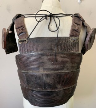Mens, Breastplate, N/L MTO, Espresso Brown, Dk Red, Fiberglass, C:40, Front is Horizontal Panels with Ribbed Texture, Straps with Corded Detail, Spiral and Abstract Embossed Shapes at Shoulders, Dusty/Aged, Webbed Straps at Sides of Waist, Made To Order Fantasy