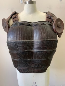 Mens, Breastplate, N/L MTO, Espresso Brown, Dk Red, Fiberglass, C:40, Front is Horizontal Panels with Ribbed Texture, Straps with Corded Detail, Spiral and Abstract Embossed Shapes at Shoulders, Dusty/Aged, Webbed Straps at Sides of Waist, Made To Order Fantasy
