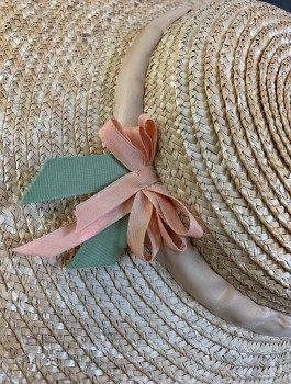 Womens, Historical Fiction Hat, N/L MTO, Tan Brown, Straw, Wide Brimmed, Tan Satin Band, Light Pink and Mint Bows on Either Side, Flat Low Top, Tan Satin Chin Straps/Ties, Made To Order Reproduction