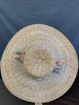 Womens, Historical Fiction Hat, N/L MTO, Tan Brown, Straw, Wide Brimmed, Tan Satin Band, Light Pink and Mint Bows on Either Side, Flat Low Top, Tan Satin Chin Straps/Ties, Made To Order Reproduction