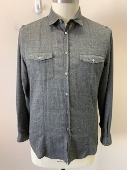 JOHN VARVATOS, Dk Gray, Wool, Nylon, Heathered, Solid, Long Sleeves, Button Front, 7 Buttons, 2 Patch Pockets with Flaps, Button Cuffs, Shoulder Loops