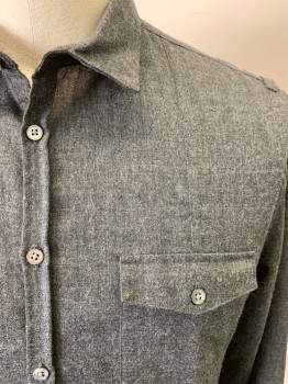 Mens, Casual Shirt, JOHN VARVATOS, Dk Gray, Wool, Nylon, Heathered, Solid, XL, Long Sleeves, Button Front, 7 Buttons, 2 Patch Pockets with Flaps, Button Cuffs, Shoulder Loops